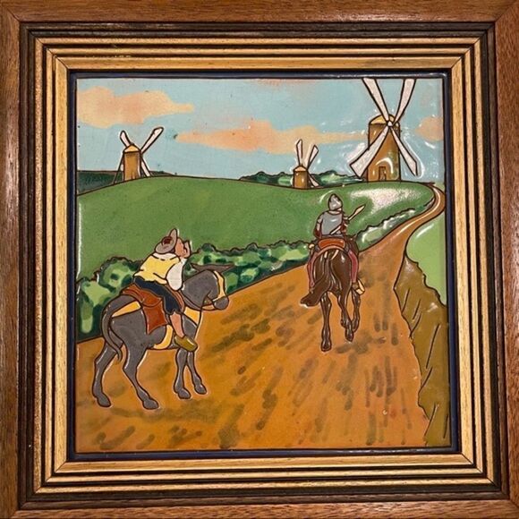 Antique Framed Don Quixote Sancho 8” Enameled Clay 8” Square Tiles Custom Framed - Picture 3 of 16
